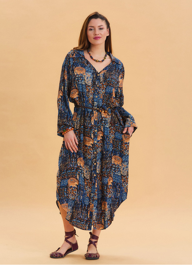 P Shirt Collar Belt Detailed Blue Bohemian Dress 4451